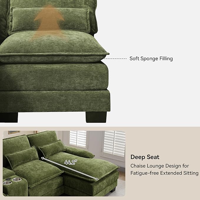 U Shaped Sectional Sofa with Storage Console, Cup Holders & USB Ports, Small Modular Cloud Couch with Deep Seats, Modern Comfy Living Room Sofa for Apartment, Chenille Green