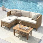 PHI VILLA Wicker Patio Furniture Set, Sectional Outdoor Sofa with Cushions and Acacia Wood Coffee Table, L-Shaped Small Patio Conversation Set, Beige