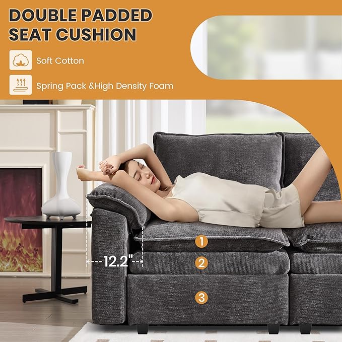 100" L Shaped Modular Sectional Sofa, Couch with Ottoman Storage, Chenille Cloud Couch with Plush Deep Seating for Living Room, Bedroom (Grey, 4 Seat)