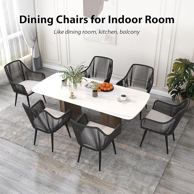 JOIVI Outdoor Dining Chairs Set of 6, 6 Pieces Woven Rope Patio Chairs with Armrest and Seat Cushions for Outside Porch, Balcony or Indoor Dining Kitchen, Restaurant, Black