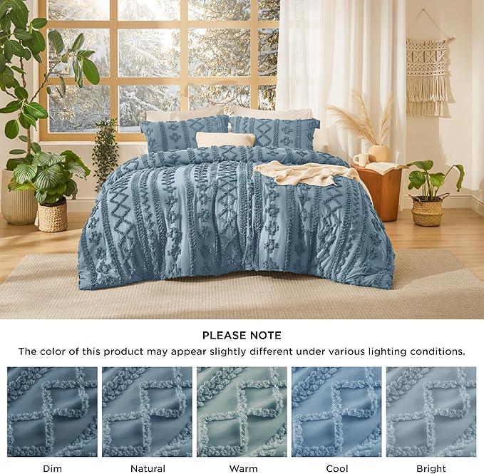 Bedsure Tufted Boho Comforter Set Full Size - Dusty Blue Boho Bed Set, GentleSoft™ 3 Pieces Farmhouse Shabby Chic Embroidery Bedding, Gifts for Woman, Soft Jacquard Full Comforter for All Seasons