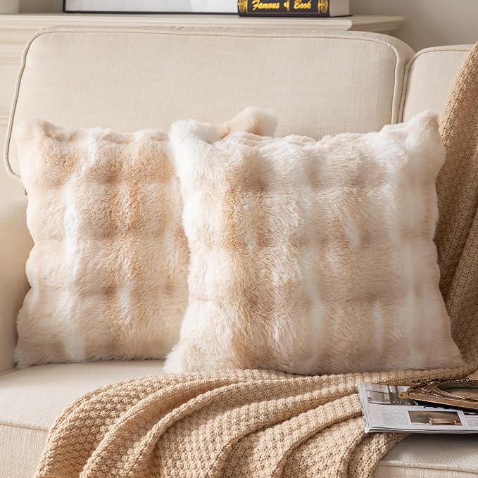 Pack of 2 Thick Plush Throw Pillow Covers Fluffy Wave Faux Fur Decorative Cushion Covers Soft Wool Pillowcase for Sofa Couch Livingroom 18x18 Inch White Beige