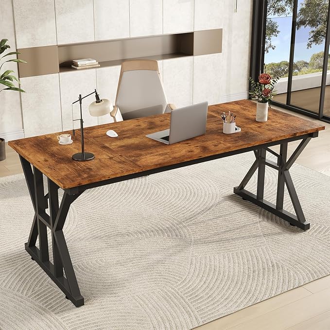 TVU 63-Inch Executive Desk, Large Office Desk with Thicken Frame, Computer Desk Modern Simple Desk for Home Office, Rustic Brown