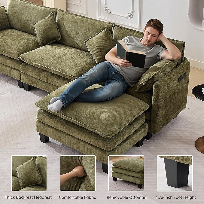 108" Modern L-Shaped Sectional Sofa with USB & Type-c Port Charger, Modular Cloud Couch, Deep Seating Chenille Fabric 4-Seater with Ottoman and Pillows for Living Room (Green)