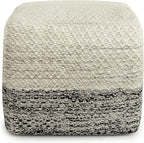 SIMPLIHOME Macie Boho Square Woven Outdoor/ Indoor Pouf in Grey and White Recycled PET Polyester for the Living Room, Bedroom and Kids Room