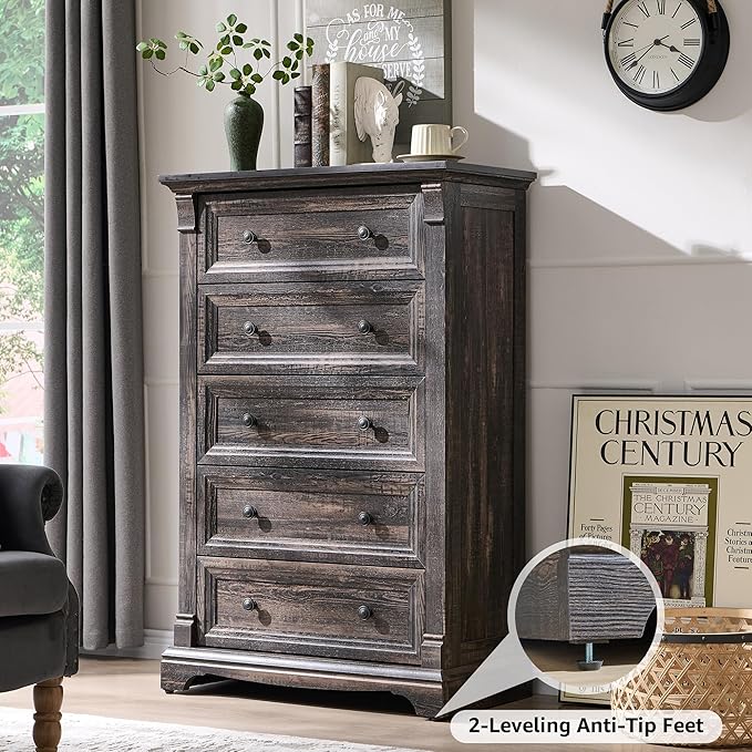 T4TREAM Farmhouse 5 Drawer Dresser for Bedroom, 47" Tall Wood Dresser with Ample Storage Space and Rustic Charm, Dark Rustic Oak