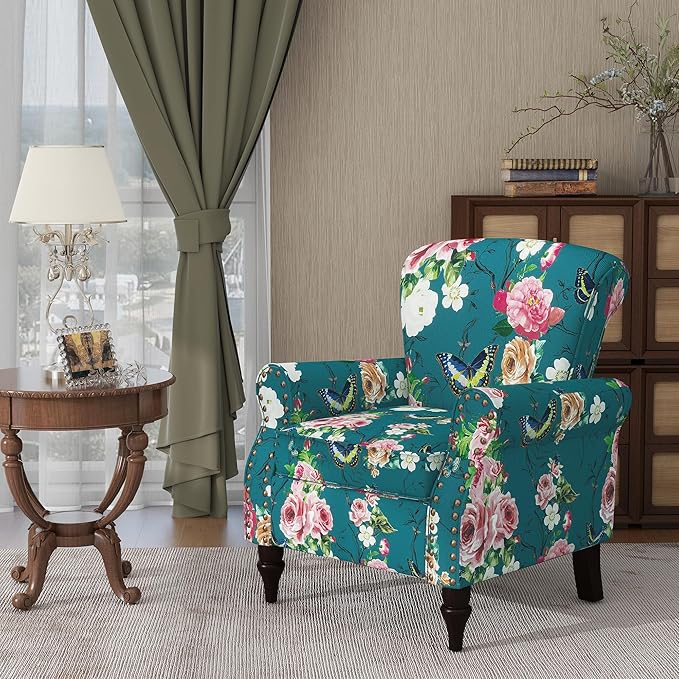 Accent Chair, Upholstered High Back Floral Armchair with Nailhead Trim & Wood Legs, Comfy Wingback Reading Single Sofa Chair for Small Spaces, Living Room, Bedroom (Blue Floral, Set of 1)