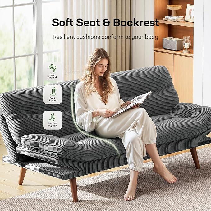 Marsail Futon Sofa Bed, Futon Couch with Adjustable Backrest & Armrests, Convertible Small Sleeper Sofa Bed for Small Apartments, Study Room, Office, Corduroy Loveseat, Dark Grey