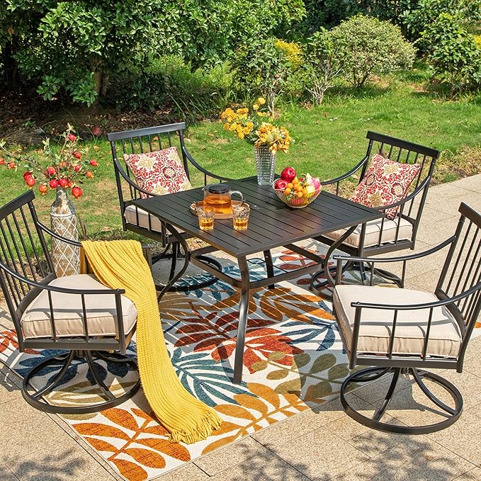 Sophia & William 5 Pieces Patio Furniture Set for 4, Metal Patio Outdoor Dining Set, Square Patio Dining Table and Swivel Chairs with Seat Cushions, Conversation Bistro Set for Garfden, Yard, Poolside