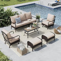 MFSTUDIO 6 PCS Outdoor Patio Furniture Set, Metal Outdoor Conversation Set, Rattan Wicker Patio Sectional Sofa Set with 2 x Rocking Single Sofa, 3-Seat Sofa, 2 x Ottoman, 1 x Coffee Table, Beige