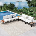 PHI VILLA 5 Pieces Outdoor Patio Furniture Set,Metal Frame Modern Outdoor Sectional Sofa Set,6 Seats Patio Conversation Sets with Coffee Table&Thickened Cushion,for Poolside and Backyard,Light Grey