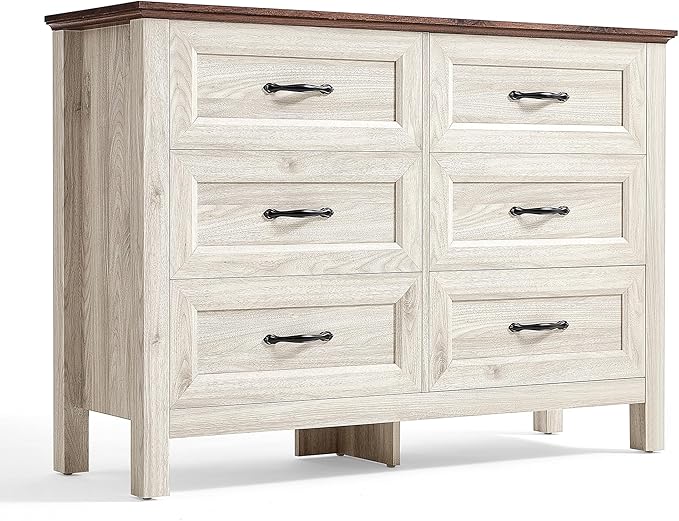 LINSY HOME Dresser for Bedroom with 6 Drawers, Wide Chest of Deep Drawers with Metal Handle, Wooden Bedroom Dresser with Storage Organizer for Closet, Living Room, Hallway, Beige