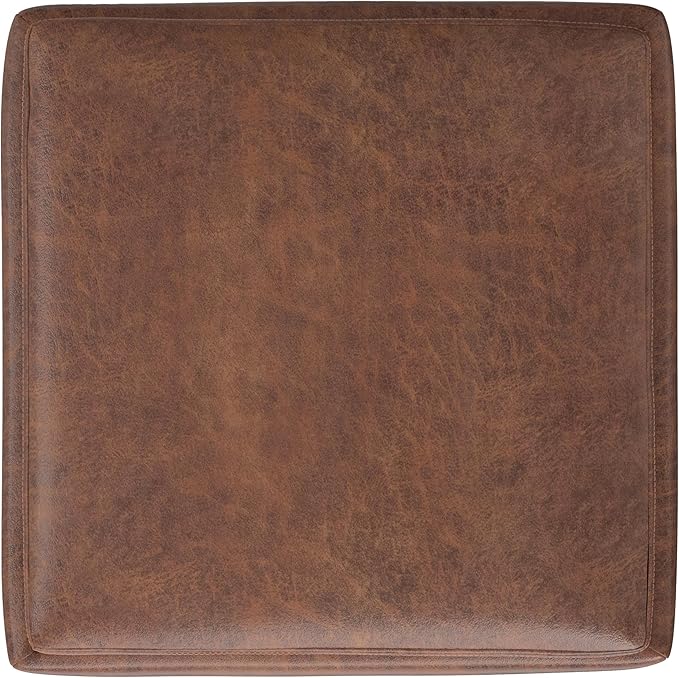 SIMPLIHOME Natasha 18 inch Wide Contemporary Square Mid Century Storage Ottoman with Tray in Distressed Saddle Brown Vegan Faux Leather, Assembled, For the Living Room, Entryway and Family Room
