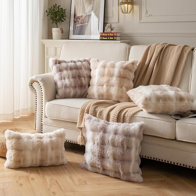 Pack of 2 Thick Plush Throw Pillow Covers Fluffy Wave Faux Fur Decorative Cushion Covers Soft Wool Pillowcase for Sofa Couch Livingroom 20x20 Inch White Taupe