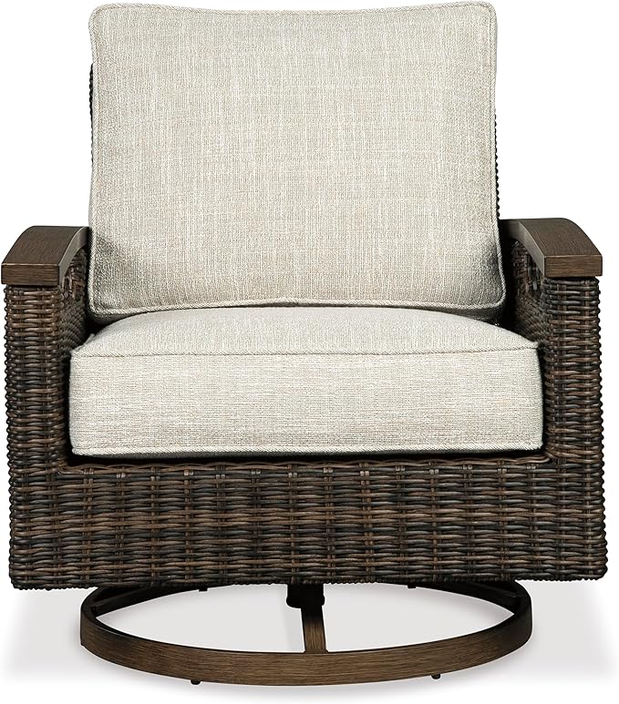 Signature Design by Ashley Paradise Trail Outdoor Swivel Upholstered Lounge Chair with All Weather Cushion, Set of 2, Cleanable Performance Fabric, Beige