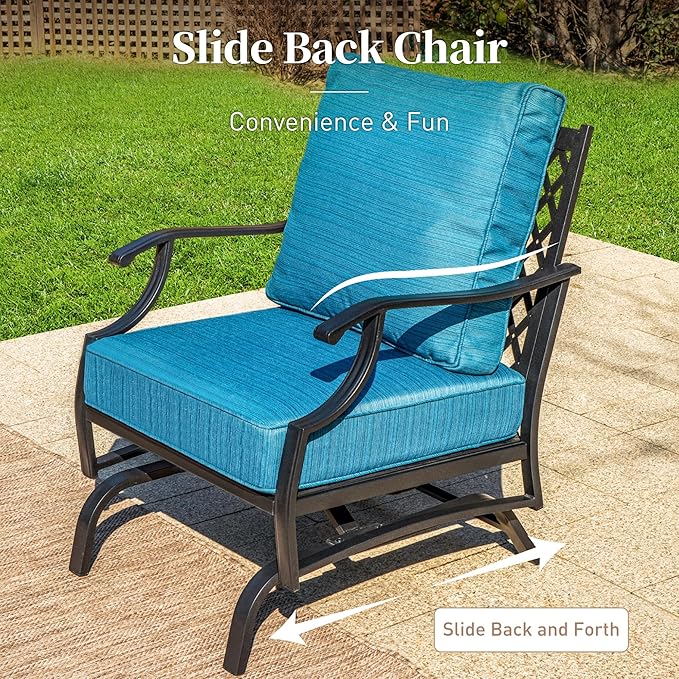 4 Piece Metal Outdoor Patio Furniture Set, Patio Conversation Set 3-seater Sofa, 2 Rocking Chair with 5.75" Extra Thick Cushion and Coffee Table, Black Frame Backyard Furniture, Blue-2