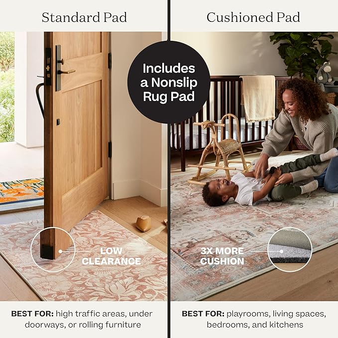 RUGGABLE Washable Vintage Area Rug – Verena Amber Red 2x3, Stain-Resistant, Non-Slip – Small Machine Washable Rugs for Living Room, Bedroom, Hallway, Entryway & Bathroom–with Cushioned Pad