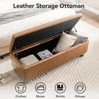 41" Faux Leather Storage Ottoman, Stitch Tufted Rectangle Upholstered End of Bed Storage Bench, Entryway Large Couch Ottoman with Wooden Legs, Light Brown