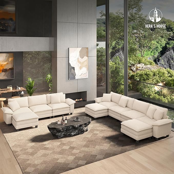 HERA'S HOUSE 124" Modular Sectional Sofa, Oversized Couches for Living Room, Comfy Cloud Couch 3-Seater Deep Seat Sofa with Throw Pillow, Chenille Beige
