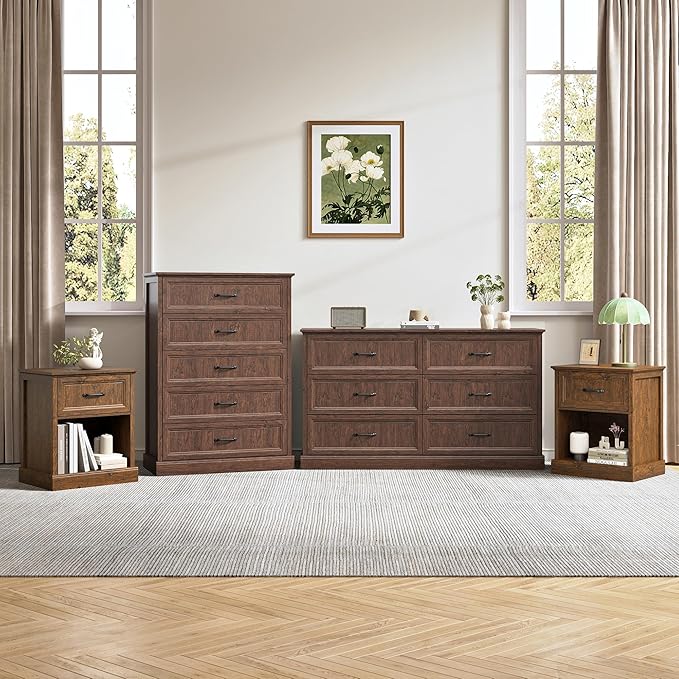 Bedroom Dresser and Nightstand Sets 4 Piece, Farmhouse 6 Drawers Dresser & 44" Tall Chest of Drawers, 23" Nightstands Set of 2, 55" Wide Furniture Dressers for Bedroom, Living Room, Brown