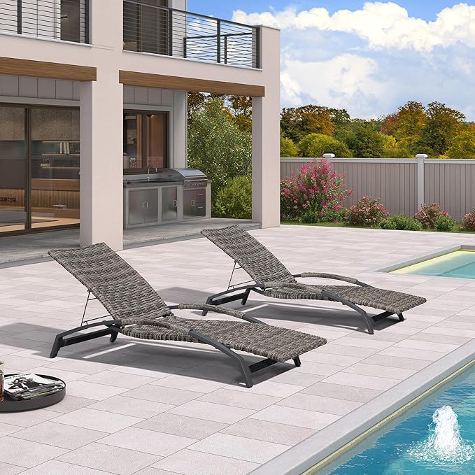 PURPLE LEAF Patio Chaise Lounge Chair Set of 2 Wicker Tanning Outdoor Pool Adjustable Recliner Chair for Outside Beach Poolside Sunbathing Lounger Light Gray