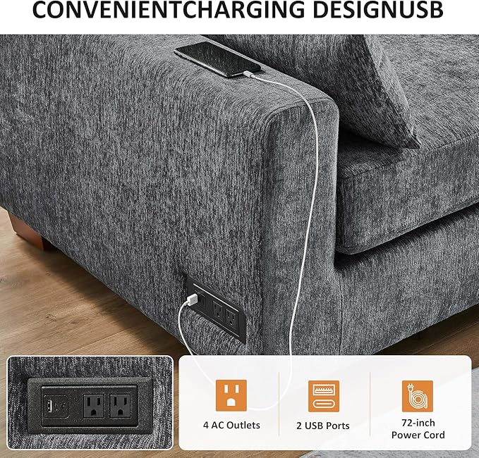 VANOMi Large Modular Sectional Sofa, Oversized Couch with Charging Station, Cloud Couch Deep Seat Sofa with Thick Cushion, Convertible Sectional Couches for Living Room Office Apartment
