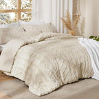 Bedsure Tufted Boho Comforter Set Oversized King - Beige Boho Bed Set, GentleSoft™ 3 Pieces Farmhouse Shabby Chic Embroidery Bedding, Gifts for Woman, Soft Jacquard Comforter for All Seasons