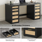WOPITUES 60" Boho Home Office Desk with 10 Wooden Drawers, Rattan Computer Writing Desk with Power Outlets, Large Executive Desk with Storage Cabinet for Work Study Writing Craft, Black
