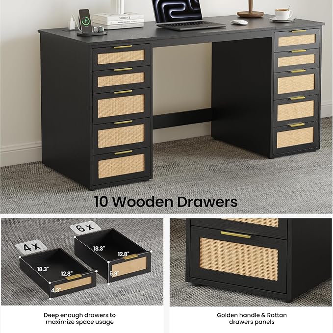 WOPITUES 60" Boho Home Office Desk with 10 Wooden Drawers, Rattan Computer Writing Desk with Power Outlets, Large Executive Desk with Storage Cabinet for Work Study Writing Craft, Black