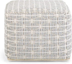 SIMPLIHOME Noreen Boho Square Pouf in Light Blue, White Handloom Woven Pattern for the Living Room, Bedroom and Kids Room