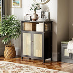 HITNET Bamboo Floor Cabinet, Bathroom Storage Cabinet with 2 Rattan Doors and Shelves, Space Saving Freestanding Kitchen Cupboard, Black