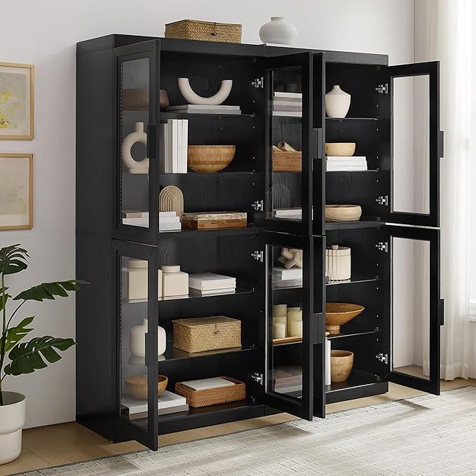 Crosley Furniture Essen 2-Piece Glass Door Kitchen Pantry Storage Cabinet Set, Living Room, Entryway, Black