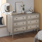 Rattan Dresser for Bedroom, Grey 6 Drawer Dressers & Chest of Drawers, Boho Dresser with Handles Wood Chests Storage Organizer Farmhouse Dressers for Closet, Hallway, Office