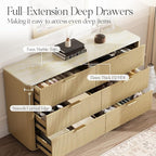 Fluted 6 Drawers Dresser with Charging Station, 55" Wide Modern Chest of Drawers with Faux Marble Top, Wooden Dresser TV Stand, Wood Drawer Organizer for Bedroom, Living Room, Hallway, Natural Oak