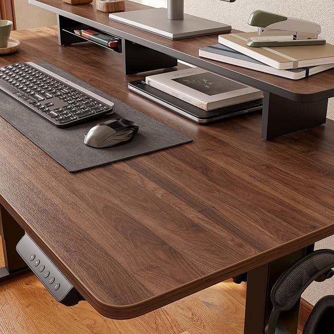 FEZIBO One-Piece Standing Desk Adjustable Height Stand up Home Office Desk, 40x24 Inch Electric Standing Computer Desk, with 4 Memory Presets, Headphone Hook, Black Walnut