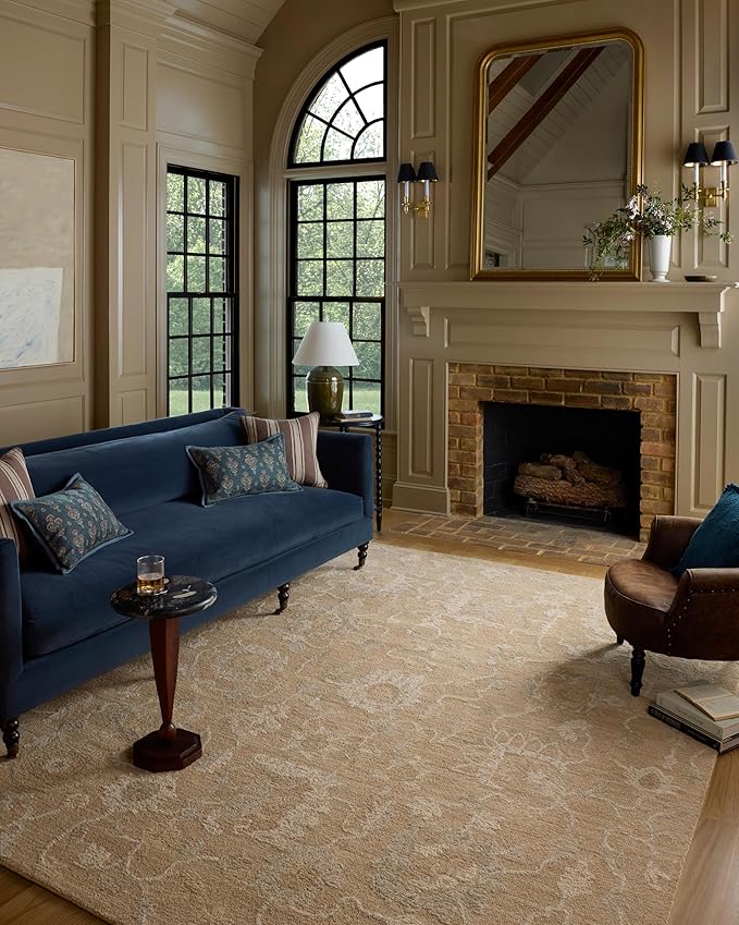 Loloi Chris Loves Julia Dorothea Collection DRT-01 Sand/Pebble 8'-6" x 11'-6" Area Rug Wool Neutral Floral Living Room Bedroom Carpet