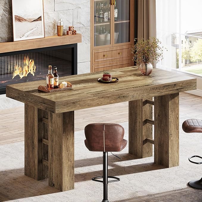 Tribesigns 63-Inch Long Bar Table, Farmhouse Rectangular Counter Height Pub Table, Wood Home Bar Unit for Kitchen, Dining Room, Living Room, Rustic Brown (Table Only)