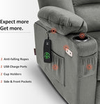 MCombo Power Lift Recliner Chair with Massage and Heat for Elderly People, Cup Holders, USB Ports, Side Pockets, Fabric 7529 (Medium, Grey)