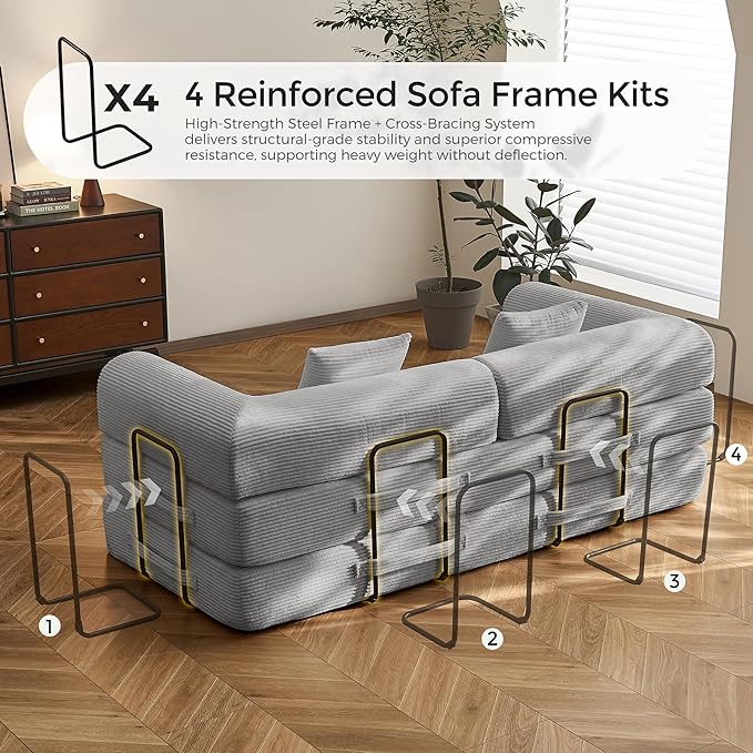 79" Convertible Sofa Bed with Fixed-Shape Frame & Removable Armrests, Modular Corduroy Sleeper Sofa, Folding Mattress Couch for Small Spaces - No Assembly Needed in Light Gray (Includes 2 Pillows)