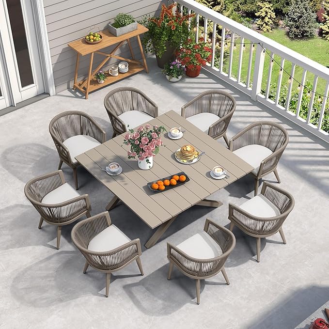 PURPLE LEAF Outdoor Dining Set for 8 All-Weather 9 Piece Patio Aluminium Dining Large Square Table and Rope Weave Chairs Included Cushions for Backyard Deck Indoor Patio Furniture Set Champagne