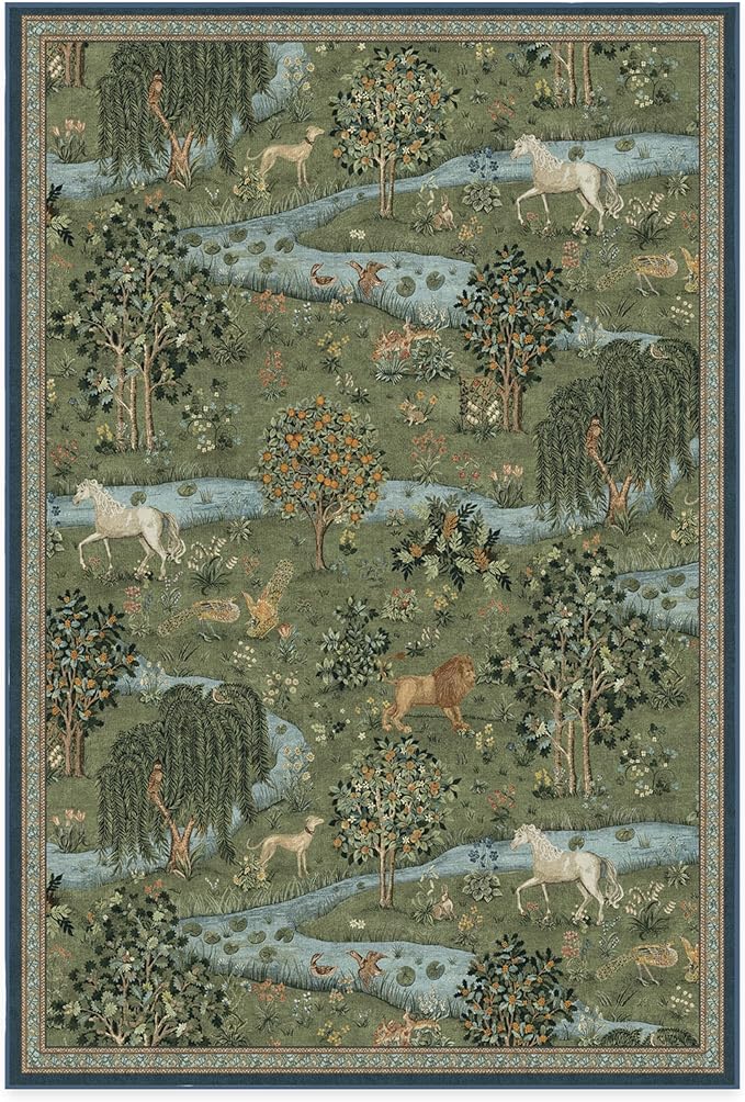 RUGGABLE x Morris & Co Washable Area Rug – Owl & Willow Green 6x9, Stain-Resistant, Non-Slip – Medium Machine Washable Rugs for Living Room, Bedroom, Hallway, Entryway & Office–with Cushioned Pad