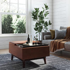 SIMPLIHOME Owen 34 inch Wide Mid Century Modern Rectangle Tray Top Small Coffee Table Storage Ottoman in Distressed Saddle Brown Vegan Faux Leather, Assembled, For the Living Room and Entryway