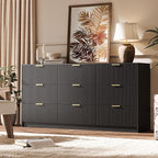 3-Piece Dresser Bedroom Set, 9 Drawer Dresser & 3 Drawer Nightstands with Gold Handles, Fluted Wood Chest of Drawers for Bedroom, Living Room, Entryway, Black