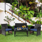 COSTWAY Patio Furniture Set 4 Pieces, Outdoor Wicker Chairs Sofa w/Coffee Table and Soft Cushions, Rattan Conversation Sets for Patio Lawn Backyard Yard Pool Garden, Navy