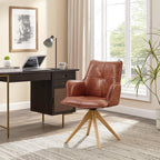 Art Leon Home Office Desk Chair - Genuine Leather Upholstered Accent Armchair, Mid Century Swivel Chair with Black Oak Wood Legs for Small Space Living Room Bedroom, Red Brown