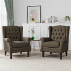 High Back Accent Chairs Set of 2, High Wingback Chair for Living Room, Button-Tufted Upholstered Fabric Armchair with Solid Wood Legs, Comfy Single Sofa Reading Chair for Bedroom, Taupe