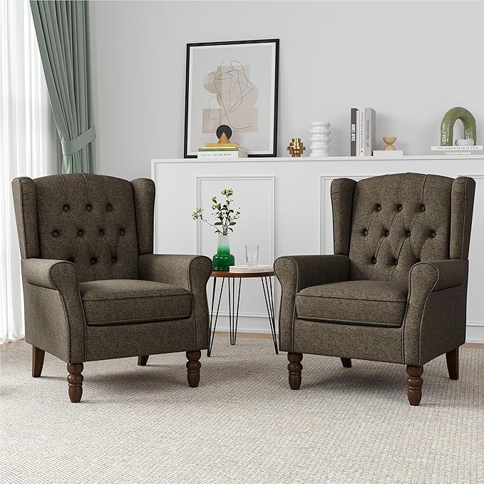 High Back Accent Chairs Set of 2, High Wingback Chair for Living Room, Button-Tufted Upholstered Fabric Armchair with Solid Wood Legs, Comfy Single Sofa Reading Chair for Bedroom, Taupe