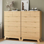 Fluted Dresser for Bedroom with 6 Drawers, 46" Tall Modern Chest of Drawers with Metal Handle, Wooden Dresser TV Stand, Wood Closet Clothes Storage Organizer for Living Room, Hallway, Natural Oak