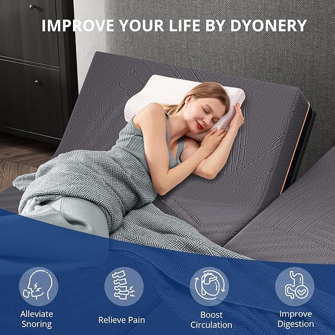 Split King Adjustable Bed Base Frame with Wireless Remote + 14 Inch Copper Memory Foam Mattress Bed in a Box, Head and Foot Incline & Massage, Zero Gravity, Fiberglass Free, 80" × 76"