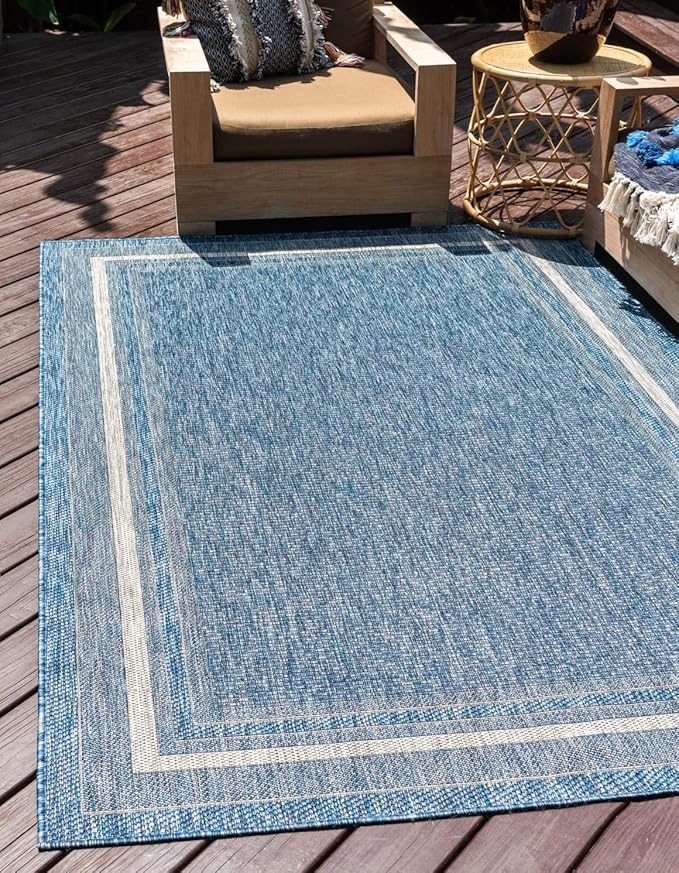 Unique Loom Outdoor Border Collection Area Rug - Soft Border (9' x 12' Rectangle, Blue/ Ivory)